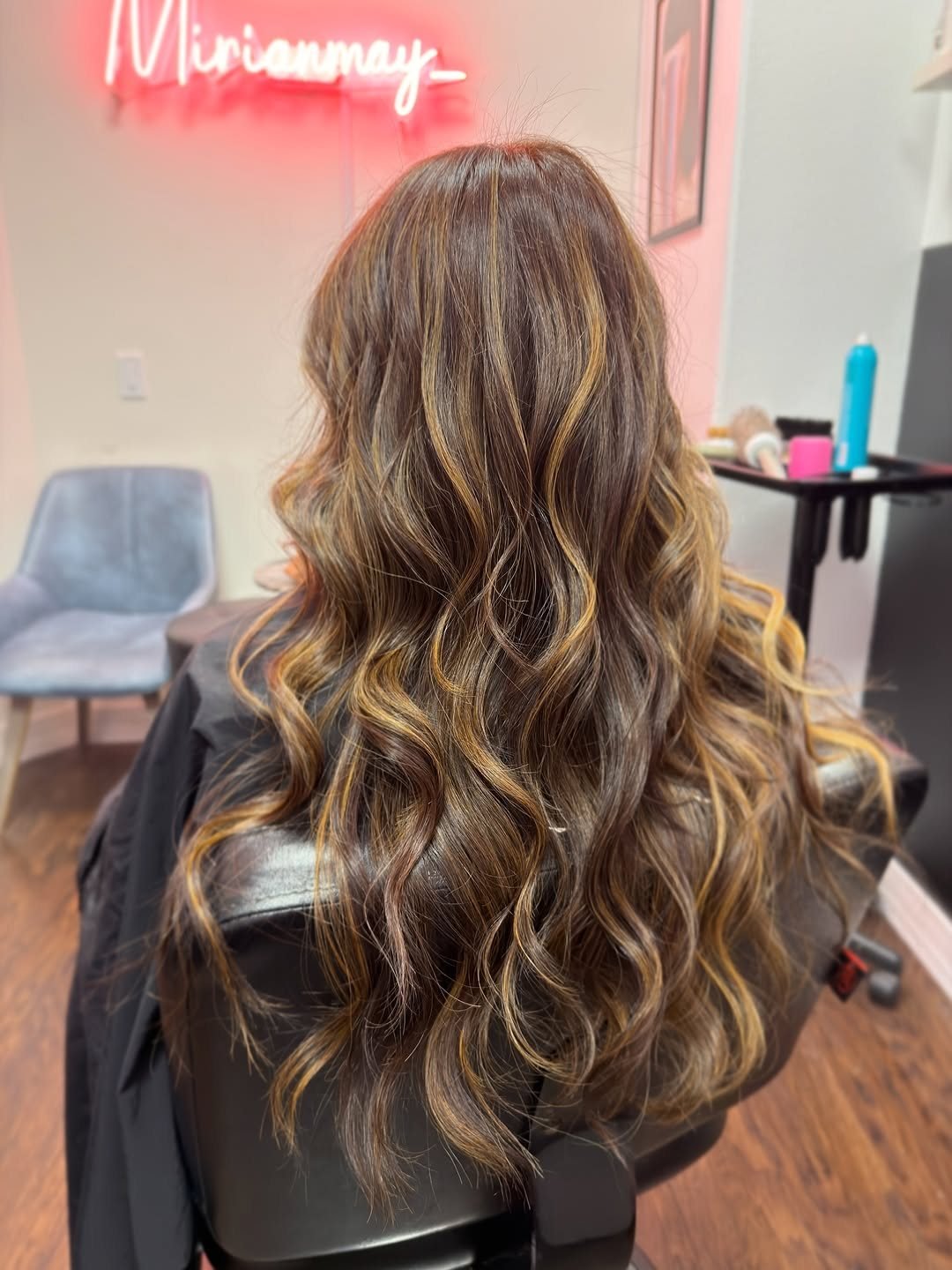 Long brunette balayage waves at Mirian May hair studio in Glendale
